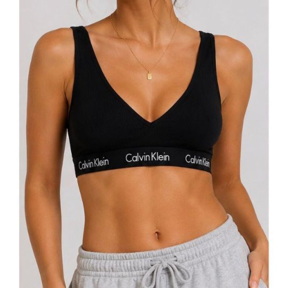 Calvin Klein Black Ribbed Bralette Size M Logo Band Wireless Lounge Bra